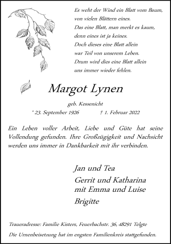 Anzeige von Margot Lynen 