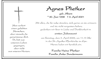 Anzeige von Agnes Plietker 