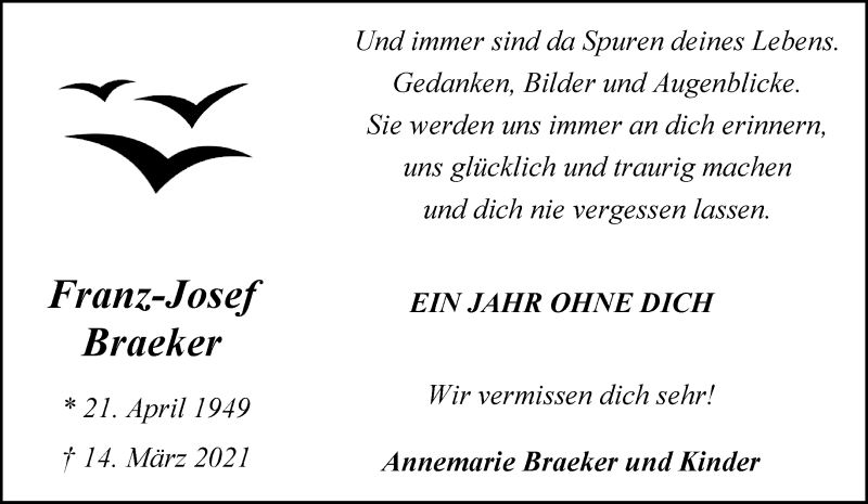  Traueranzeige für Franz-Josef Braeker vom 14.03.2022 aus 