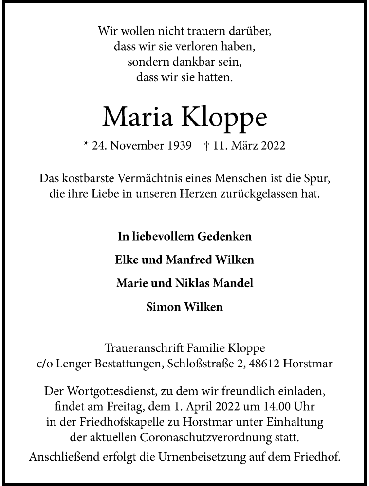  Traueranzeige für Maria Kloppe vom 23.03.2022 aus 