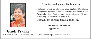 Anzeige von Gisela Franke 
