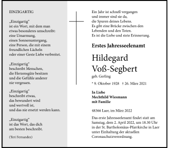 Anzeige von Hildegard Voß-Segbert 