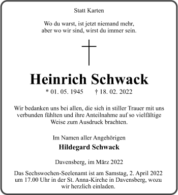 Anzeige von Heinrich Schwack 