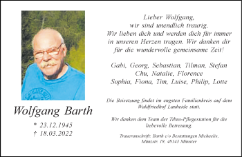 Anzeige von Wolfgang Barth 