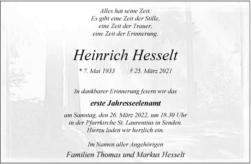  Traueranzeige für Heinrich Hesselt vom 19.03.2022 aus 
