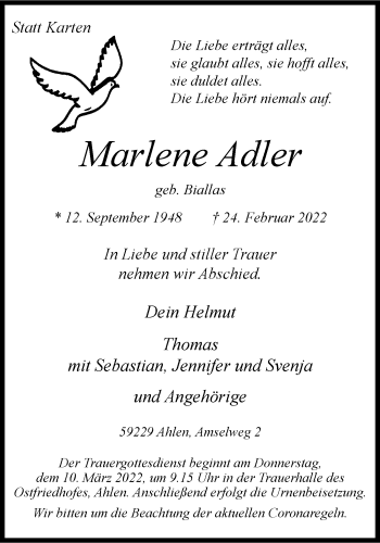Anzeige von Marlene Adler 