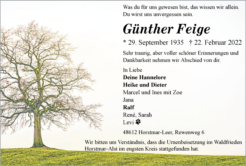  Traueranzeige für Günther Feige vom 04.03.2022 aus 