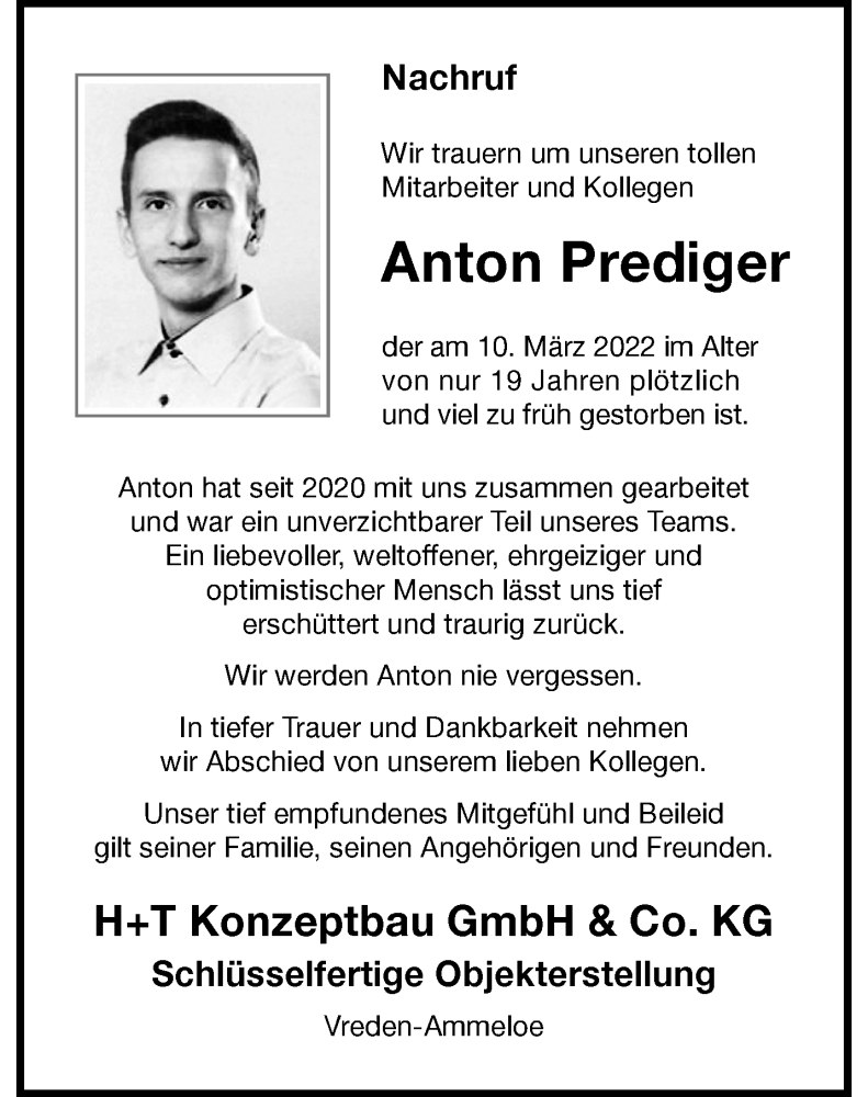  Traueranzeige für Anton Prediger vom 18.03.2022 aus 