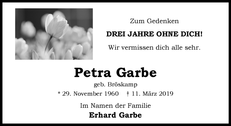  Traueranzeige für Petra Garbe vom 11.03.2022 aus 
