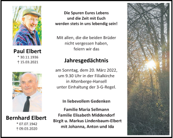 Anzeige von Bernhard Elbert 