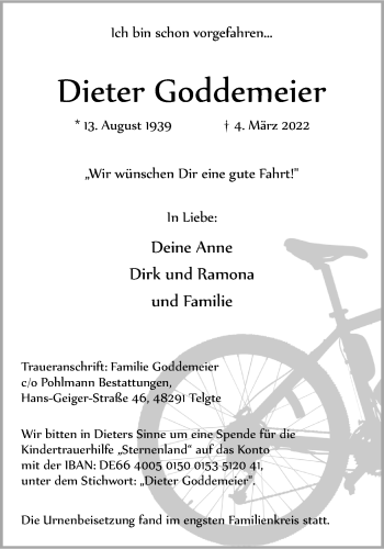 Anzeige von Dieter Goddemeier 