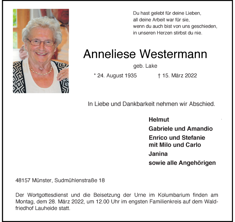  Traueranzeige für Anneliese Westermann vom 23.03.2022 aus 
