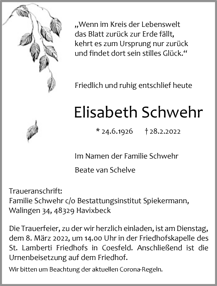  Traueranzeige für Elisabeth Schwehr vom 05.03.2022 aus 