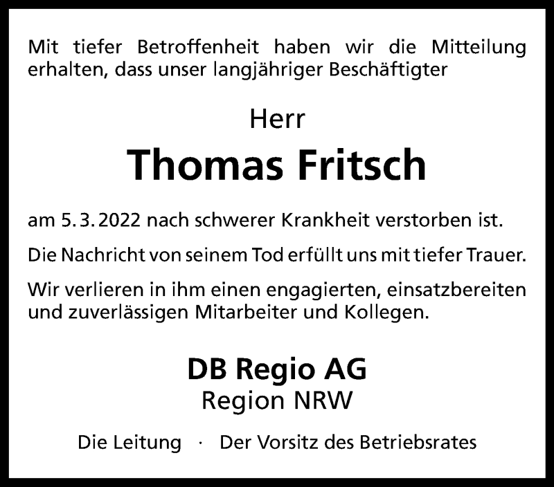  Traueranzeige für Thomas Fritsch vom 23.03.2022 aus 