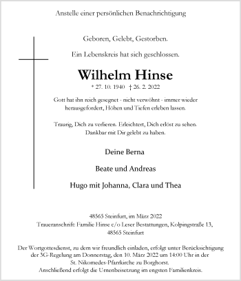 Anzeige von Wilhelm Hinse 