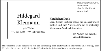 Anzeige von Hildegard Kleimann 