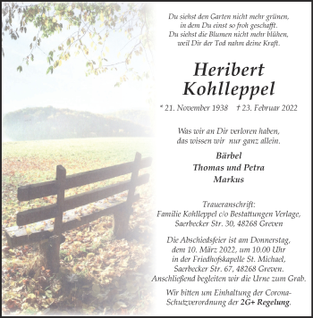 Anzeige von Heribert Kohlleppel 