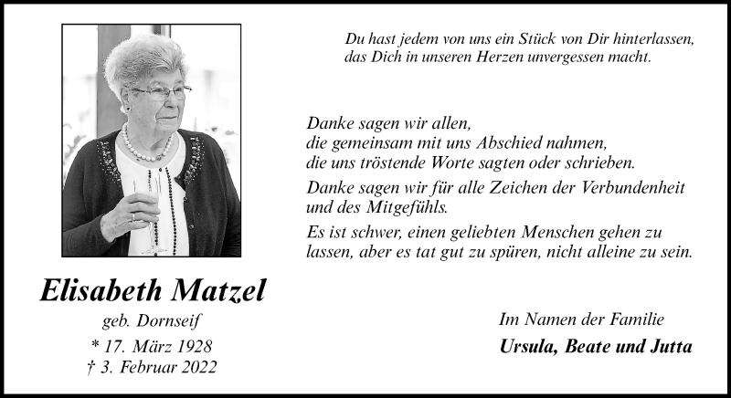  Traueranzeige für Elisabeth Matzel vom 19.03.2022 aus 