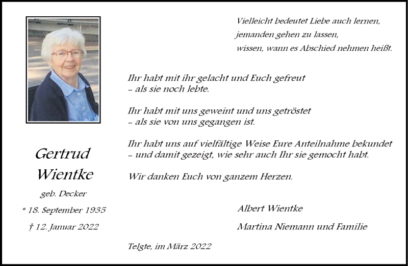  Traueranzeige für Gertrud Wientke vom 05.03.2022 aus 