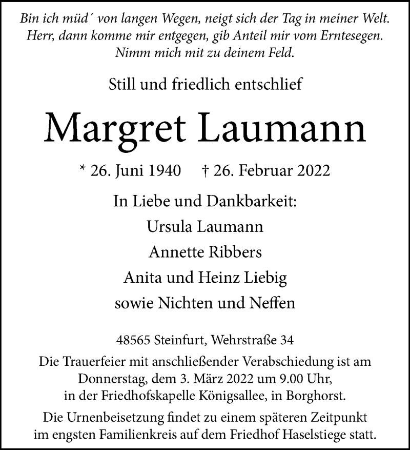  Traueranzeige für Margret Laumann vom 02.03.2022 aus 