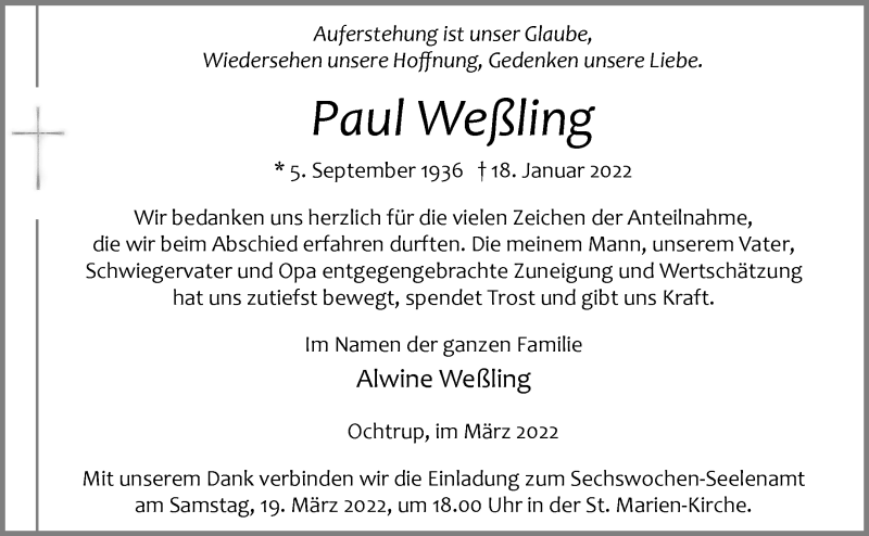  Traueranzeige für Paul Weßling vom 16.03.2022 aus 