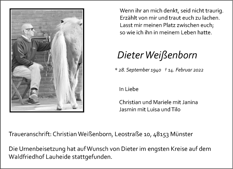  Traueranzeige für Dieter Weißenborn vom 05.03.2022 aus 