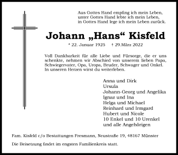 Anzeige von Johann Hans Kisfeld 