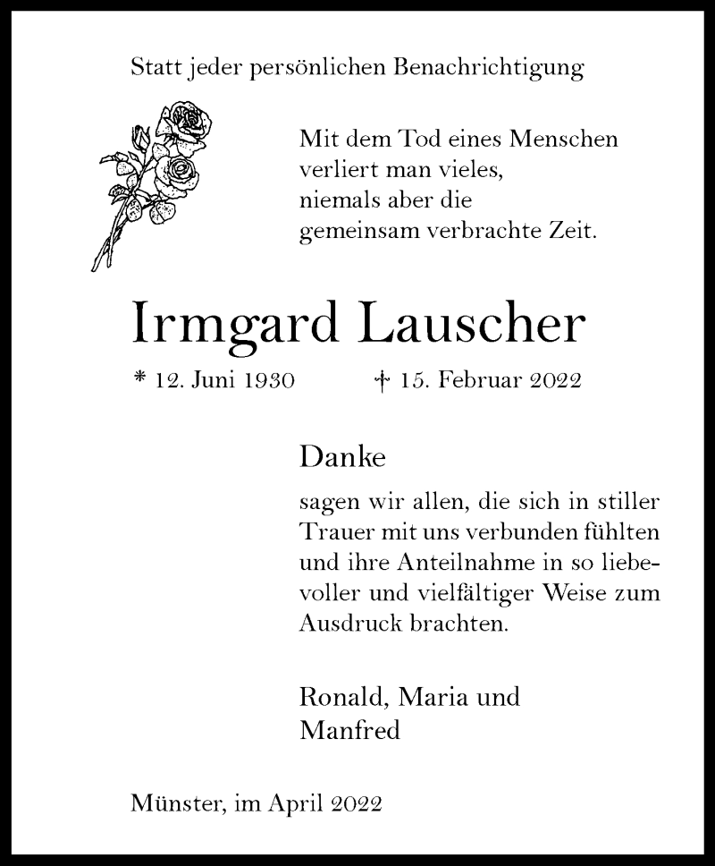  Traueranzeige für Irmgard Lauscher vom 23.04.2022 aus 
