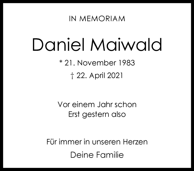  Traueranzeige für Daniel Maiwald vom 23.04.2022 aus 
