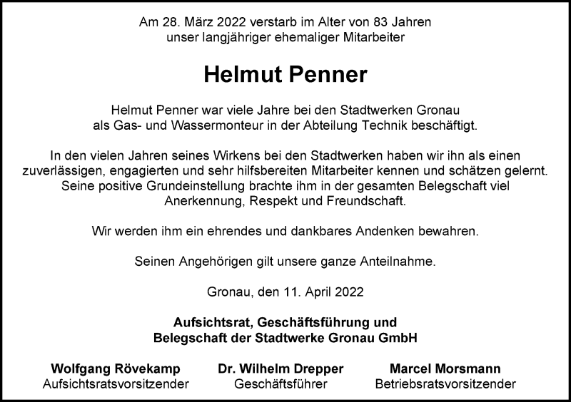  Traueranzeige für Helmut Penner vom 12.04.2022 aus 