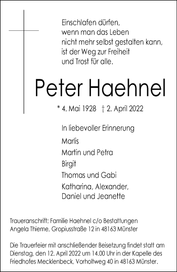 Anzeige von Peter Haehnel 