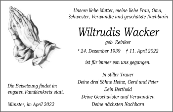 Anzeige von Wiltrudis Wacker 