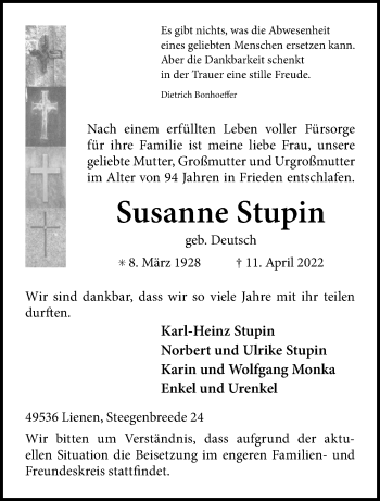 Anzeige von Susanne Stupin 