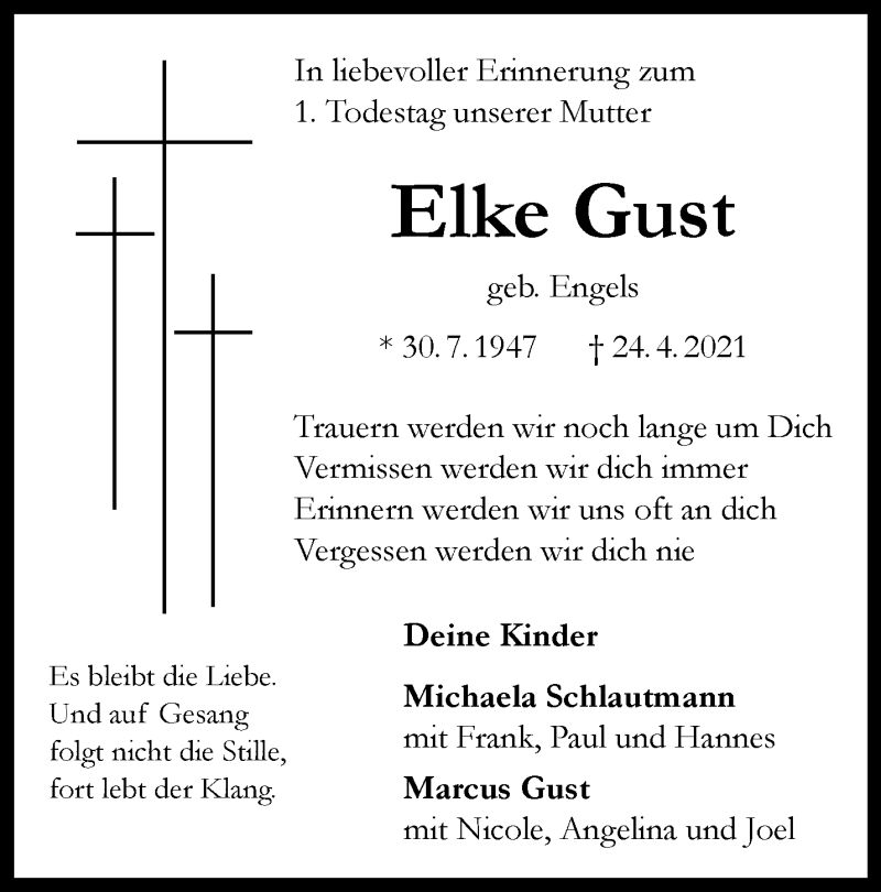  Traueranzeige für Elke Gust vom 23.04.2022 aus 
