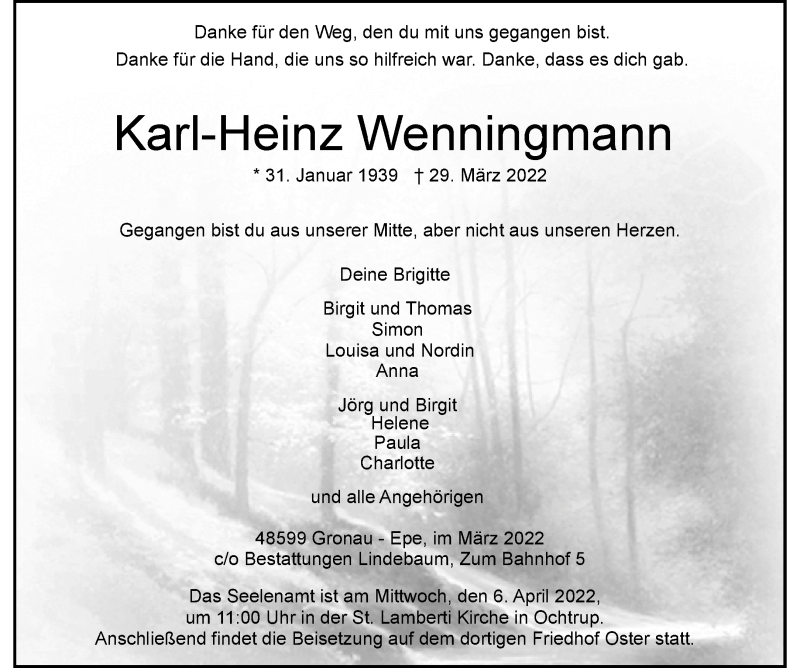  Traueranzeige für Karl-Heinz Wenningmann vom 02.04.2022 aus 