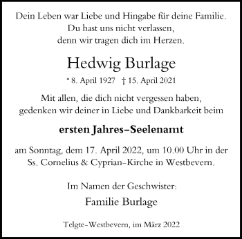 Anzeige von Hedwig Burlage 