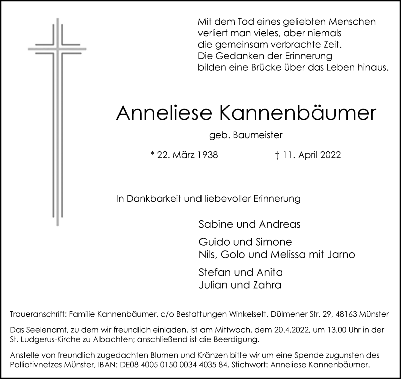  Traueranzeige für Anneliese Kannenbäumer vom 15.04.2022 aus 