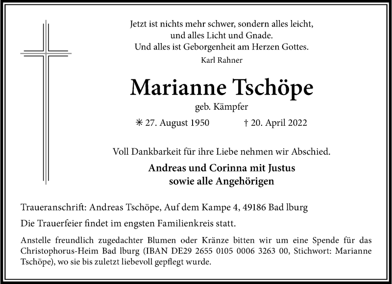  Traueranzeige für Marianne Tschöpe vom 30.04.2022 aus 