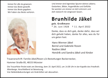 Anzeige von Brunhilde Jäkel 