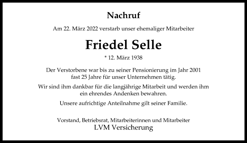  Traueranzeige für Friedel Selle vom 09.04.2022 aus 