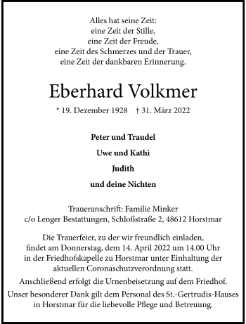 Anzeige von Eberhard Volkmer 