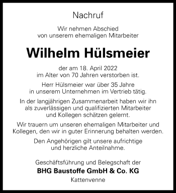 Anzeige von Wilhelm Hülsmeier 