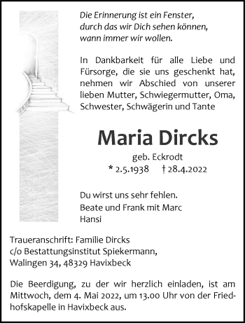 Anzeige von Maria Dircks 