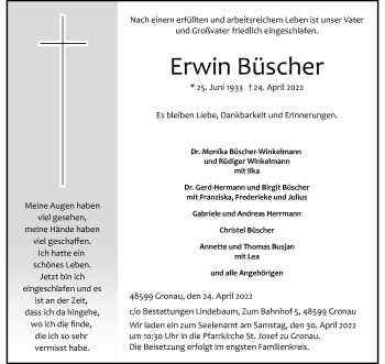 Anzeige von Erwin Büscher 