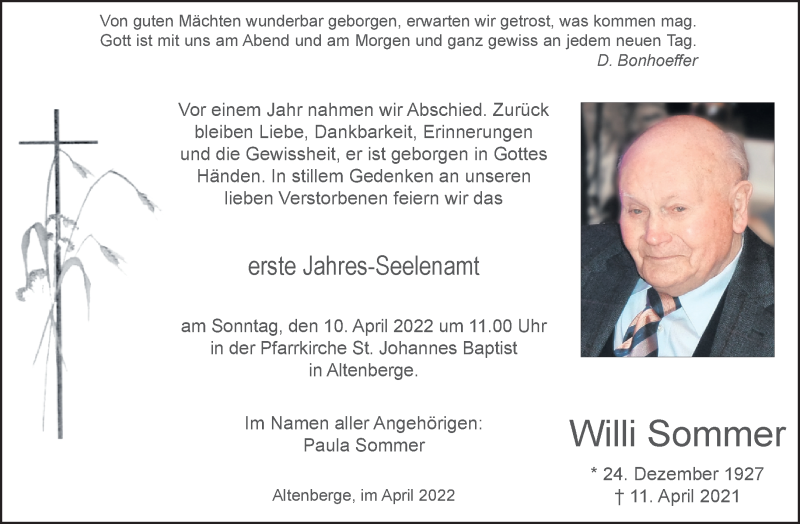  Traueranzeige für Willi Sommer vom 02.04.2022 aus 