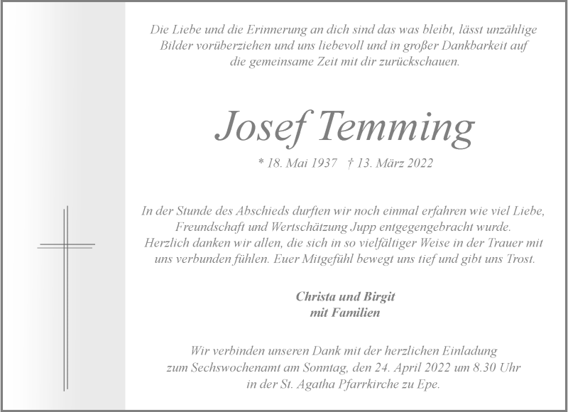  Traueranzeige für Josef Timming vom 15.04.2022 aus 