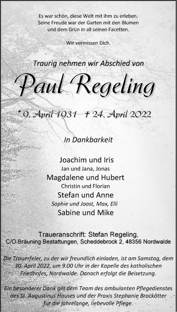 Anzeige von Paul Regeling 