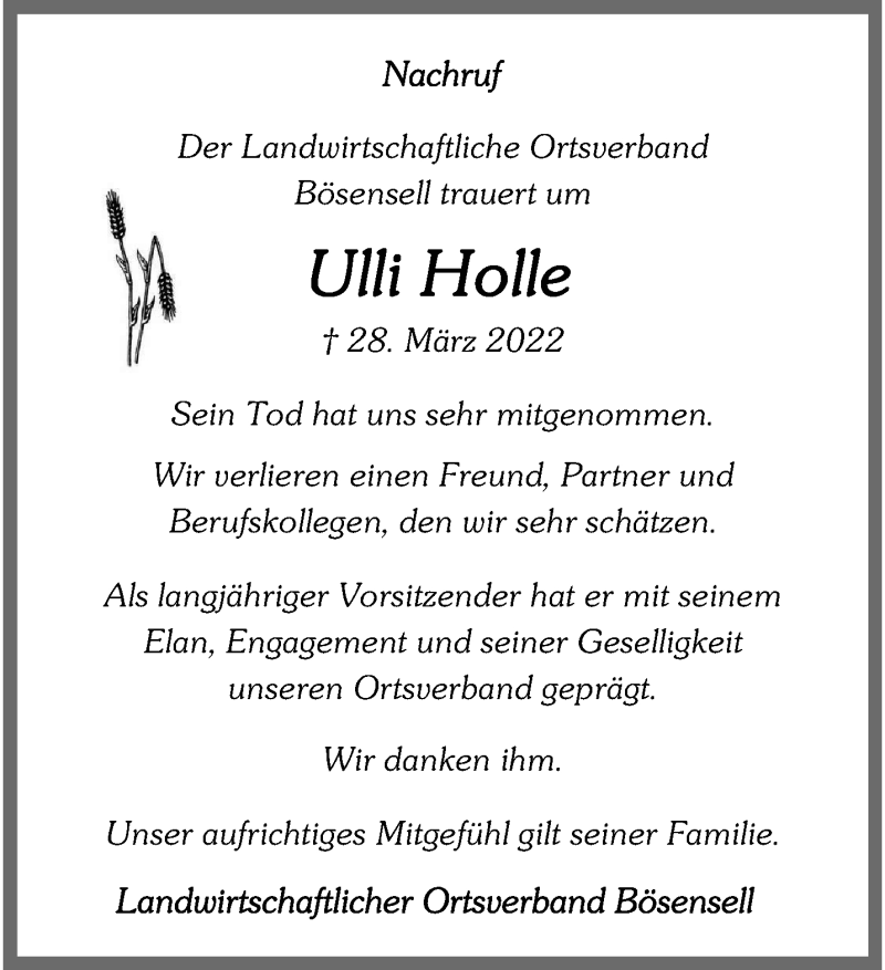  Traueranzeige für Ulli Holle vom 09.04.2022 aus 