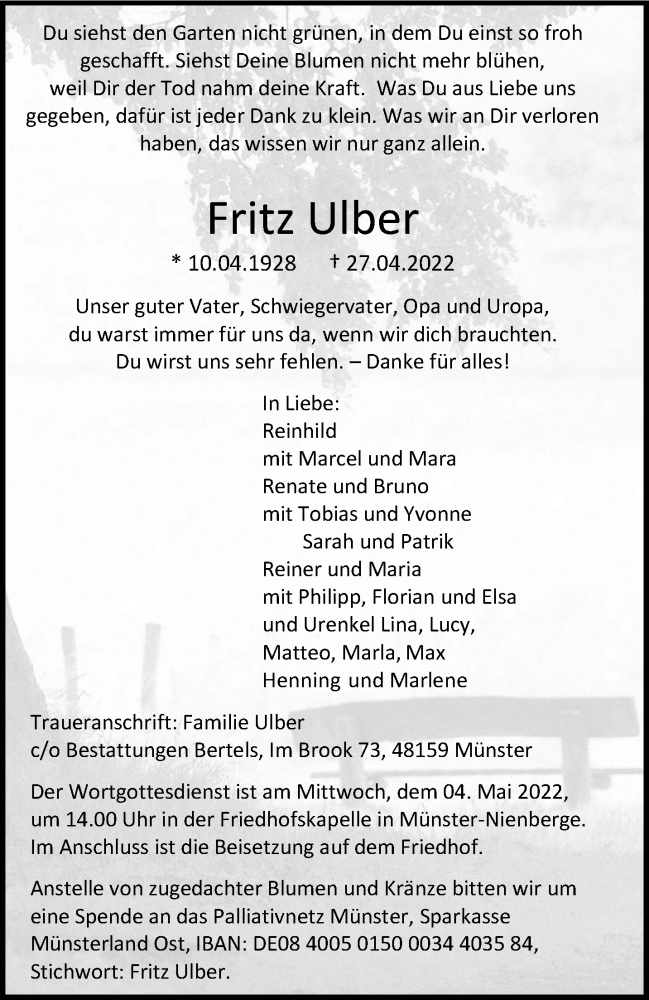  Traueranzeige für Fritz Ulber vom 30.04.2022 aus 