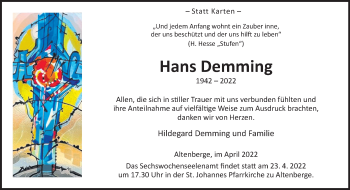 Anzeige von Hans Demming 